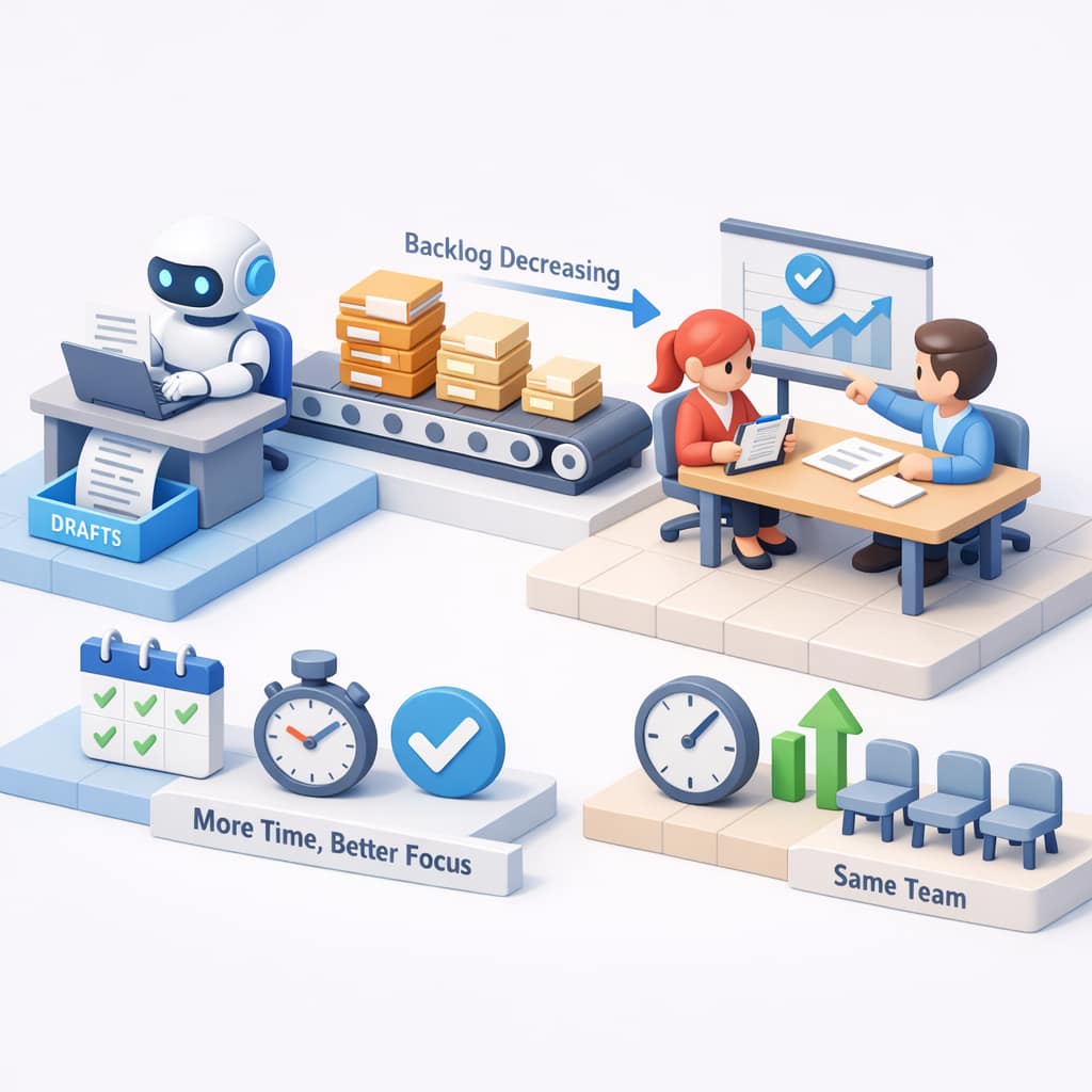 AI Workflow Efficiency: 4 Real Workplace Gains 7 Illustration of AI assisting with tasks and reducing backlog, representing AI workflow efficiency that helps work move faster and smoother