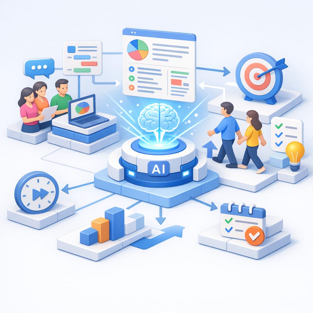AI Workflow Efficiency: 4 Real Workplace Gains 8 Illustration of AI connecting data and teams to support faster decisions, highlighting AI workflow efficiency through improved clarity and alignment