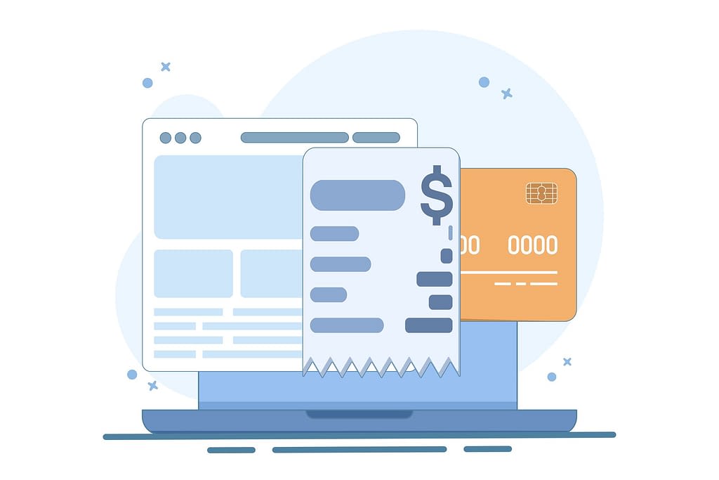 Illustration of a computer screen with an invoice and credit card to represent vendor payment updates, emphasizing invoice fraud risk and the need to verify payment changes outside of email through trusted secondary channels.