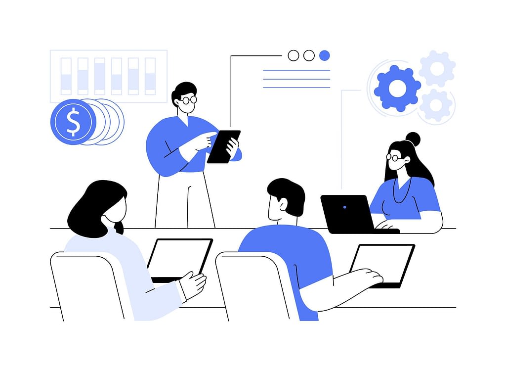 Illustration of a team in a training session reviewing payment and security scenarios on laptops, emphasizing employee awareness and education as a key defense against invoice fraud risk from urgent payment requests and domain variations.