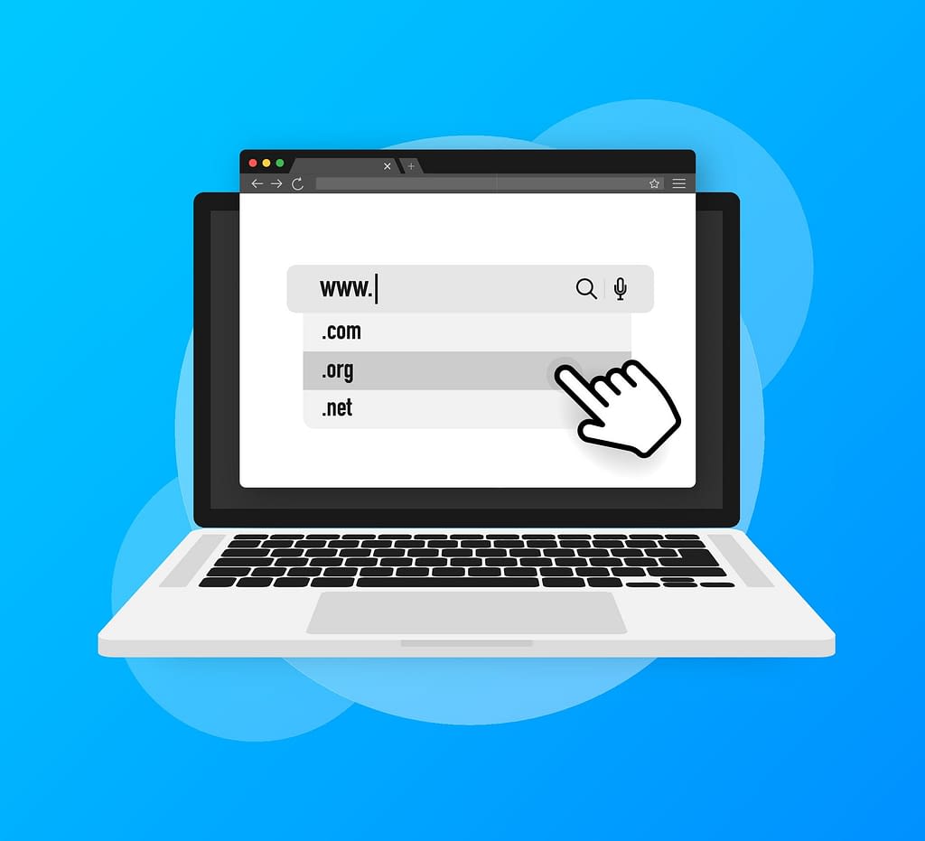 Illustration of a laptop displaying similar web domain options (.com, .org, .net) to represent look-alike domains and supplier impersonation, highlighting invoice fraud risk for accounts payable teams.