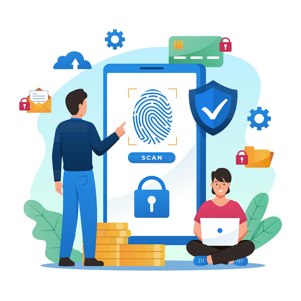 Managed IT Services for Omaha Businesses 8 Security & Endpoint Protection section showing professionals interacting with a secure mobile device interface, including fingerprint authentication, locks, and shield icons, representing multi-layered security protecting networks, devices, and endpoints.