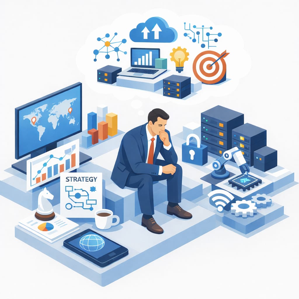 What Business Continuity Planning for Small and Medium Businesses Means 3 Business Continuity Planning for Small and Medium Businesses illustration showing a leader reviewing systems, backups, cybersecurity, and cloud infrastructure—representing proactive planning and managed IT services support from a managed service provider in Omaha.