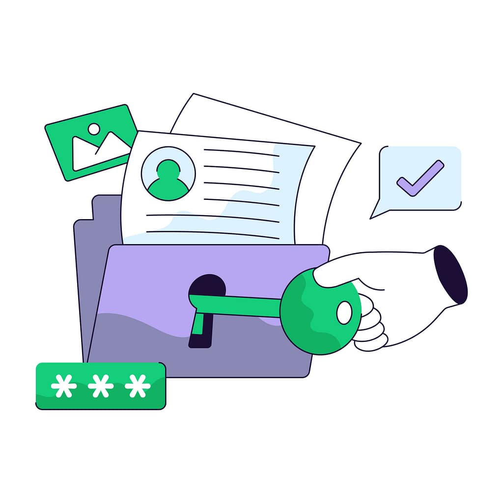 How Admin Rights Shape Security More Than Most Tools 2 Illustration showing documents and user credentials protected by a key, representing how admin rights control access and permissions in a secure business environment.