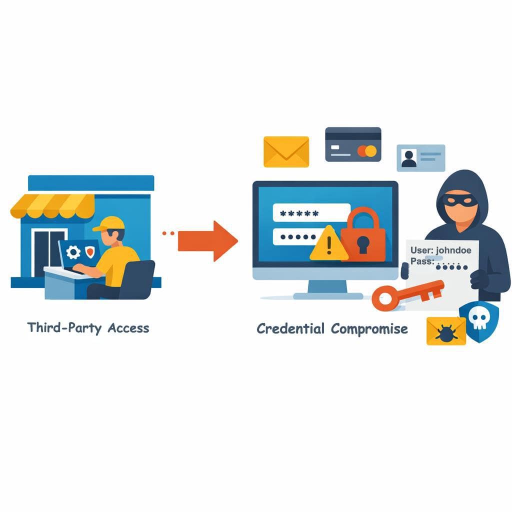 How Admin Rights Shape Security More Than Most Tools 6 Illustration showing third‑party vendor access leading to credential compromise, representing how standing admin rights for external users can expose business systems.