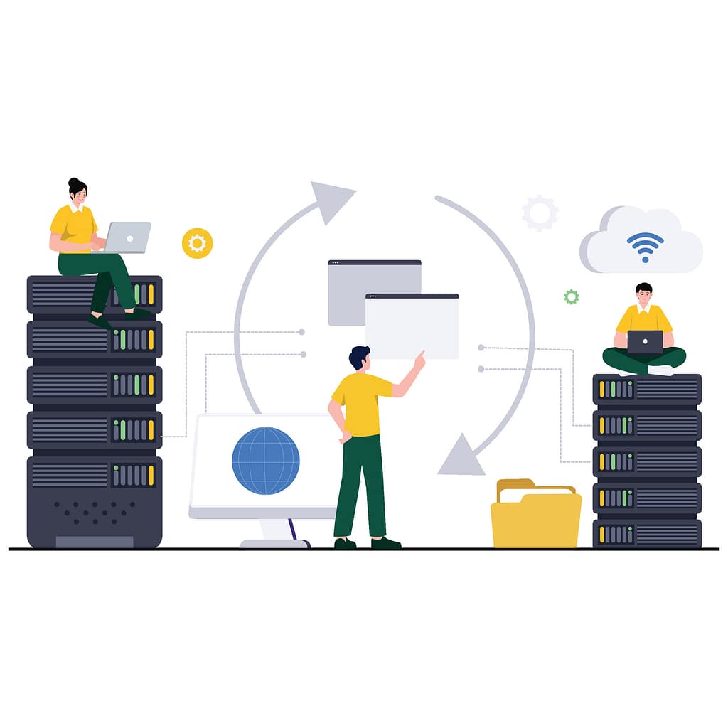 Most Common Causes of Data Loss for Businesses 9 Illustration representing the Most Common Causes of Data Loss, emphasizing weak recovery planning with IT staff managing servers, cloud systems, and backup processes without defined RPO, RTO, or tested disaster recovery procedures.