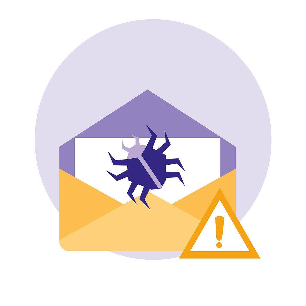 How Admin Rights Shape Security More Than Most Tools 3 Illustration of an email containing malware with a warning symbol, highlighting how excessive admin rights can increase exposure to malicious attachments and system compromise.