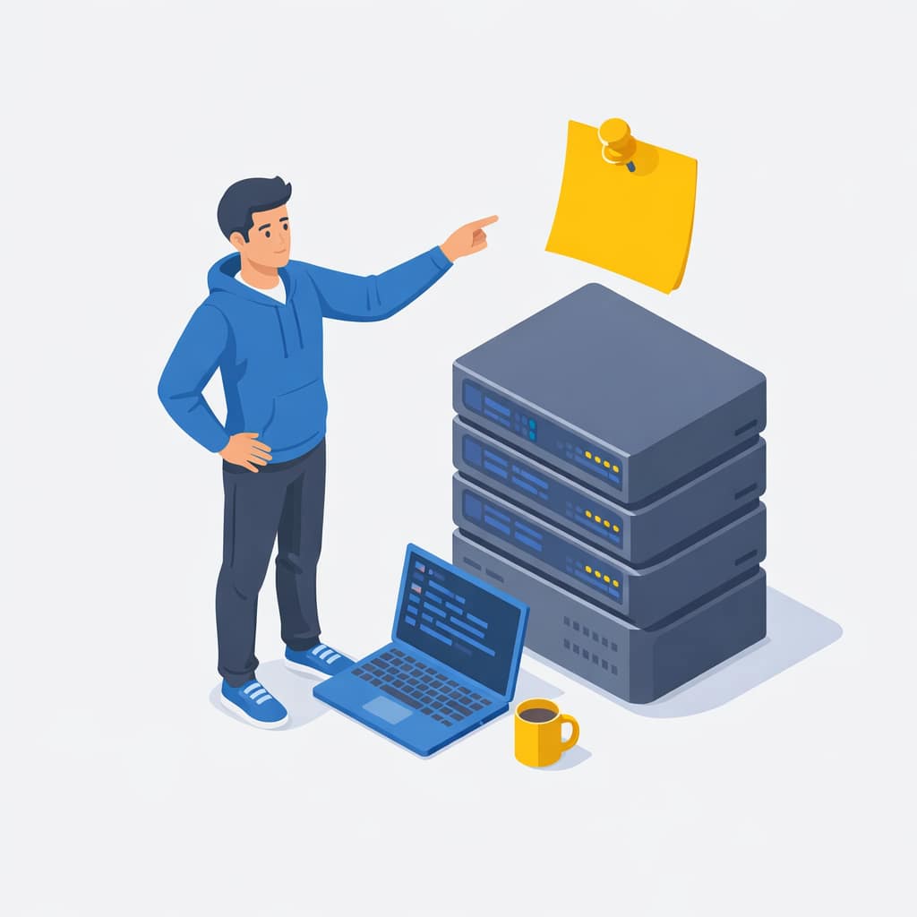 Illustration representing secure client access, showing a professional reviewing a server stack and laptop while pointing to a pinned access note, symbolizing the “never trust, always verify” approach to managing and validating system access.