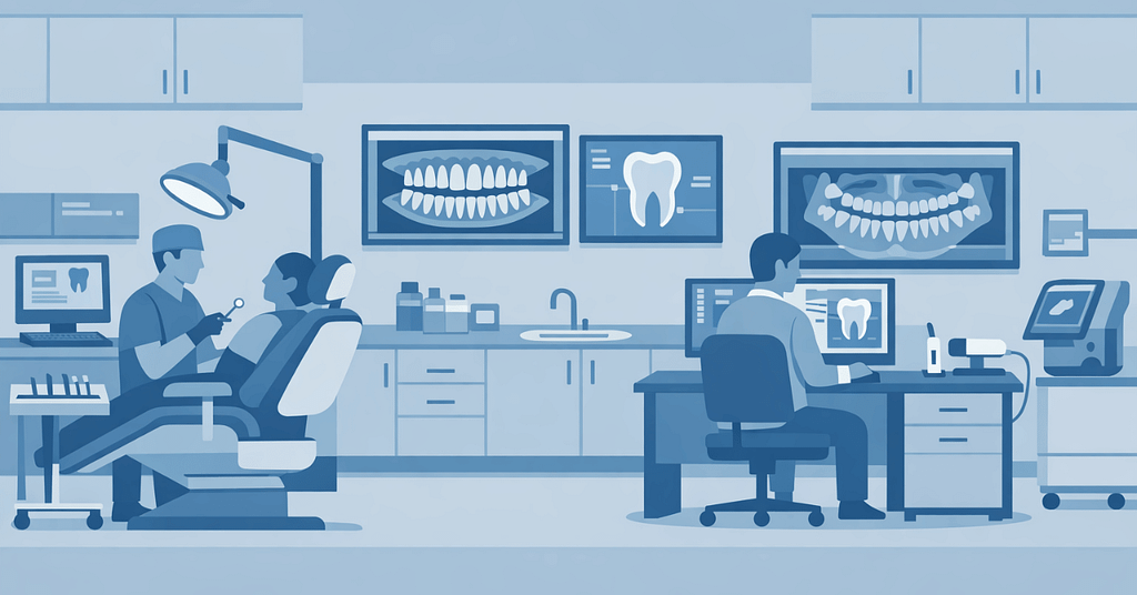 Illustration of a modern dental office showing imaging systems, workstations, and clinical workflow supported by dental IT support.