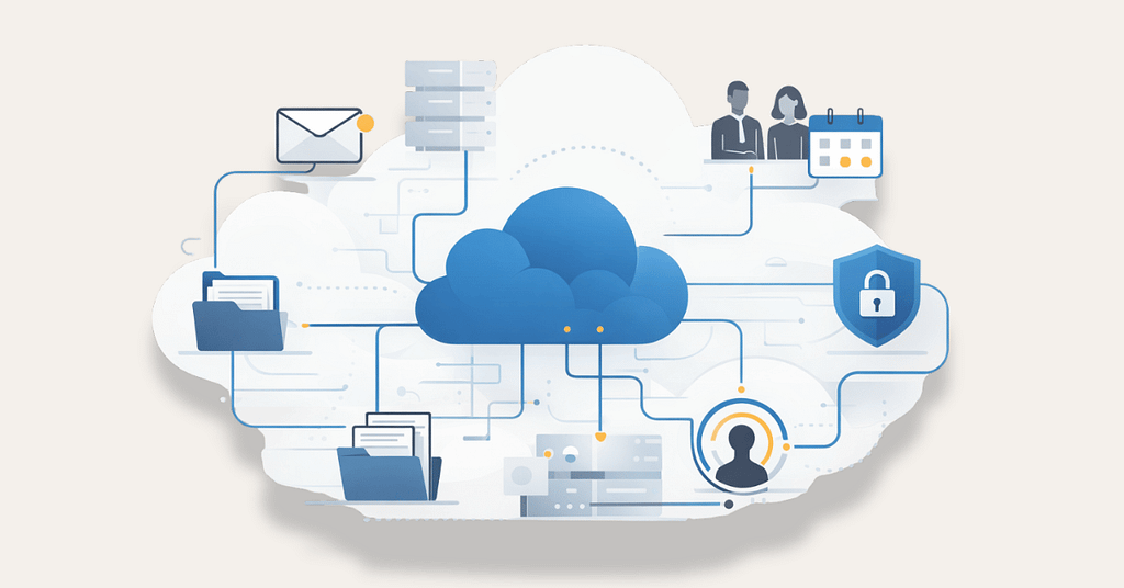 Microsoft 365 for Modern Businesses (2026 Update) 3 Cloud-based Microsoft 365 environment illustrating connected email, files, users, and security controls, showing how data, identities, and collaboration tools are managed across a centralized cloud system.