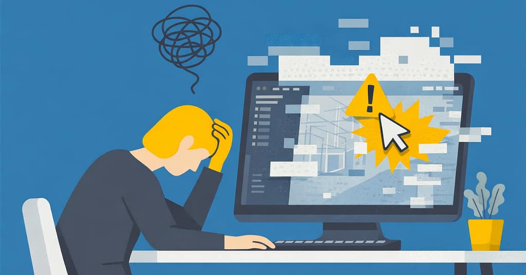 CAD Software Glitches: Causes, Fixes, and Prevention 8 Professional experiencing CAD software glitches, shown by a frozen design screen with warning alert and fragmented interface, highlighting disruption in design workflows and system instability.