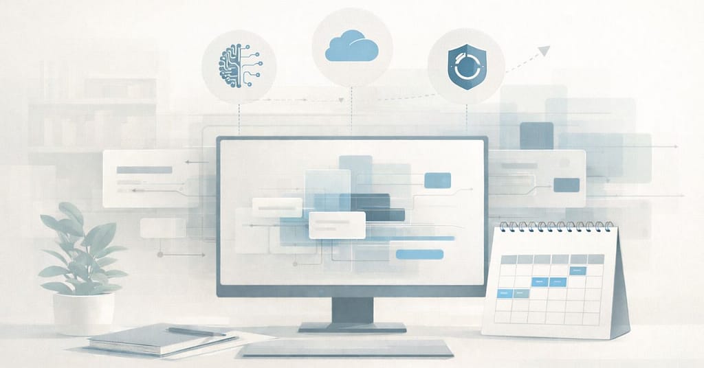 Flat illustration of a calm, modern IT planning workspace with a central monitor showing layered system blocks, a desk calendar indicating future timelines, and subtle icons representing AI, cloud services, and data backup. Muted colors and clean lines emphasize structure, readiness, and forward-looking planning.