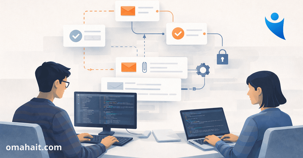 Email Fraud in Professional Services: What Firms Miss 12 Illustration of two professionals working at computers with visual email workflows, security checks, and automation icons, representing how teams prevent email fraud in professional services.