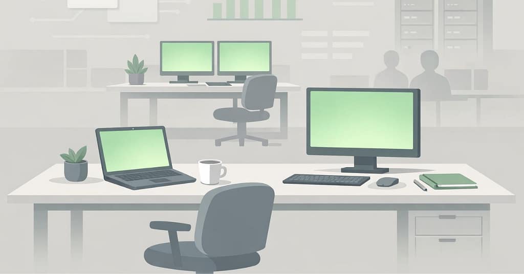 What a Healthy IT Environment Looks Like for SMBs 10 Flat illustration of a modern office workspace representing a healthy IT environment, with organized desks, calm system screens glowing softly green, and a quiet, structured setting that suggests stable, well-functioning technology.