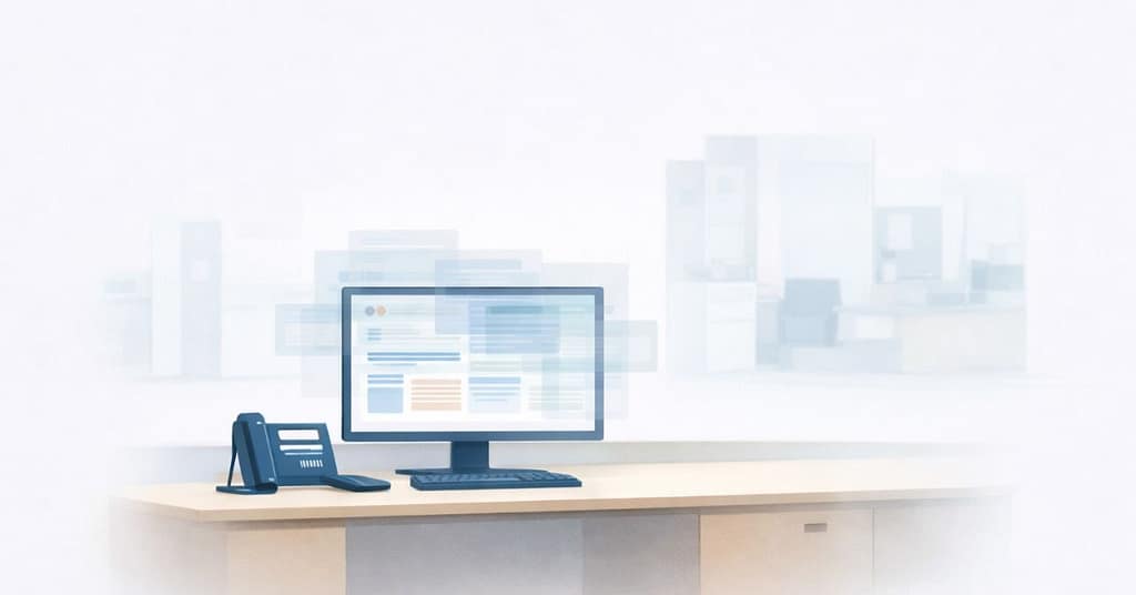 Flat-style illustration of a healthcare clinic workstation with overlapping interface panels on screen, suggesting shared access and system ambiguity—visually supporting the concept of hidden IT risks in clinics with shared devices.