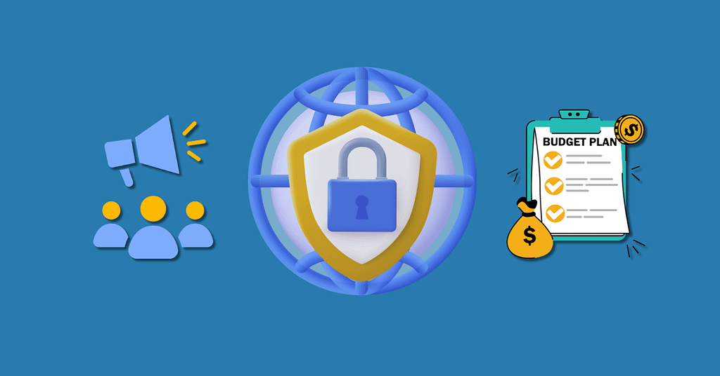 A minimalist illustration featuring three icons—a group with a megaphone, a shield with a lock symbol representing online protection, and a budget checklist with a money bag—symbolizing communication, security, and financial planning as core elements of affordable cybersecurity for nonprofits.