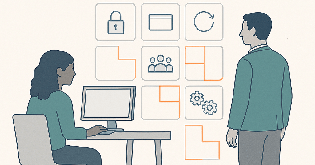 A calm workspace scene with two people reviewing a grid of web‑related panels, some showing gaps that represent cybersecurity mistakes SMBs make.