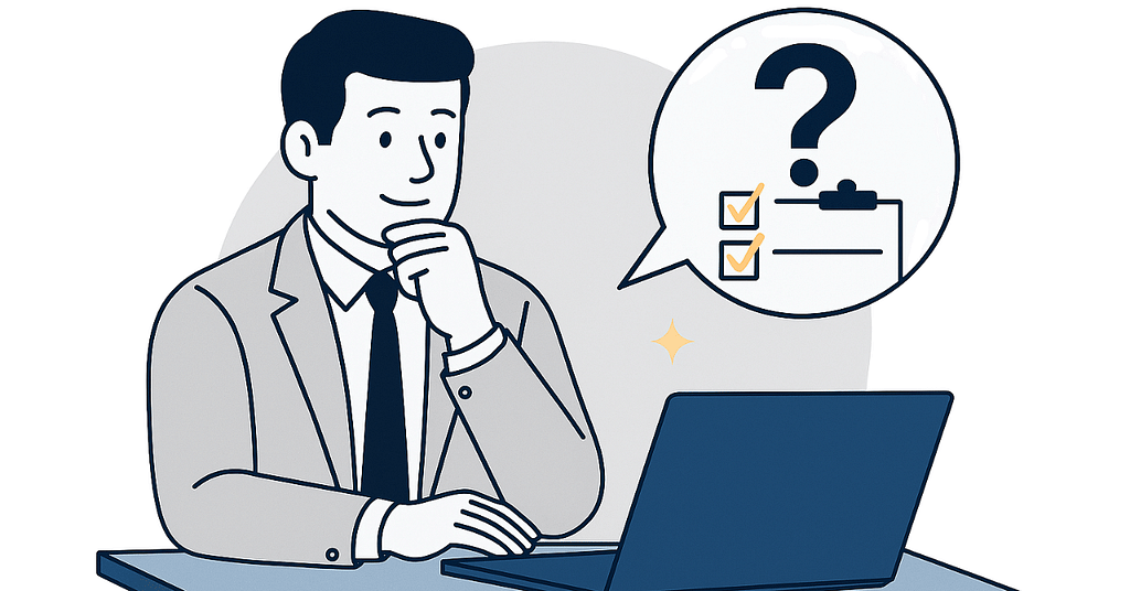 Semi-flat illustration of a business professional evaluating a laptop with checklist icons, representing the decision-making process for How to Choose a Managed IT Provider.