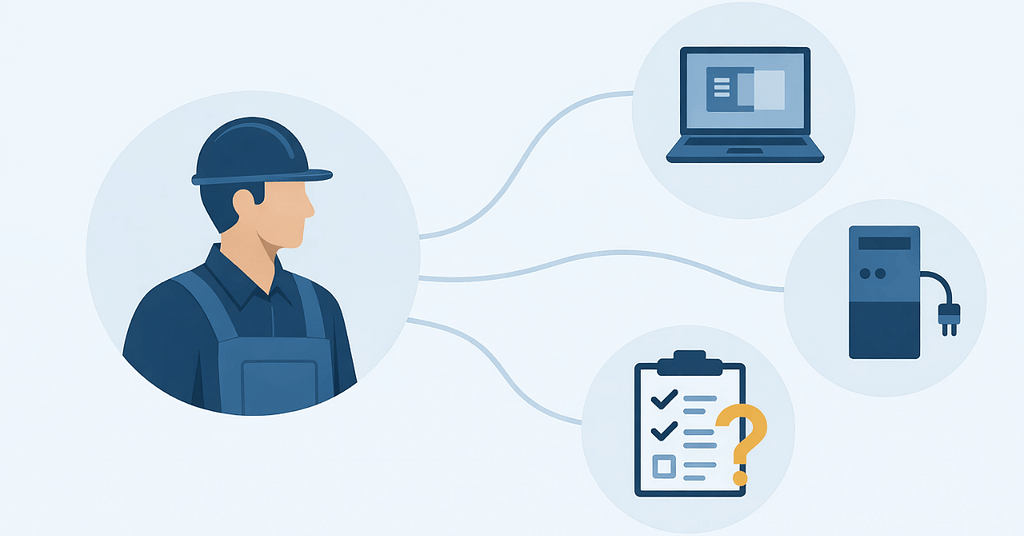 Semi-flat illustration of a skilled trades professional linked to computers, equipment, and checklists, highlighting IT challenges in skilled work related to system coordination and stability.