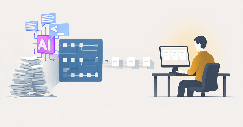 AI Workflow Efficiency: 4 Real Workplace Gains 5 Illustration of AI organizing tasks and documents to improve AI workflow efficiency and streamline everyday business operations