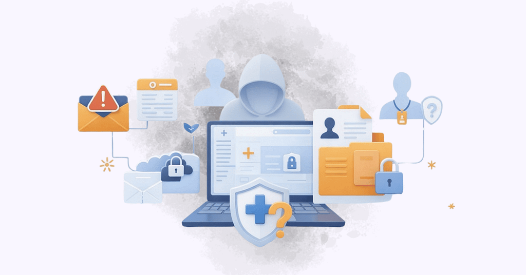 Flat illustration of a hooded cyber threat behind a healthcare laptop with email alerts, user credentials, and lock icons, representing PHI exposure risks from phishing, credential abuse, and patient data security gaps.