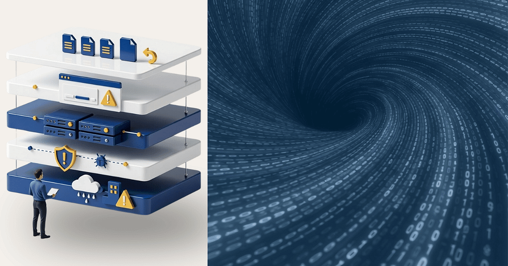 Most Common Causes of Data Loss for Businesses 2 Illustration representing the Most Common Causes of Data Loss, showing layered IT infrastructure, backups, security controls, and monitoring alongside a digital data tunnel symbolizing data flow and risk across interconnected systems.