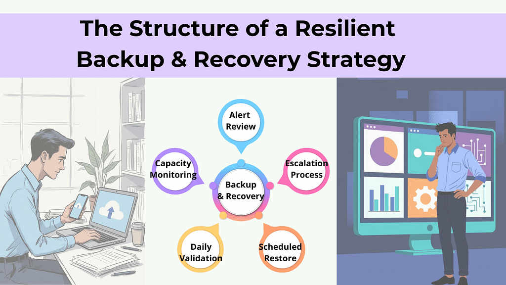 Backup and Recovery Strategy: Why Backups Fail 3 Diagram titled “The Structure of a Resilient Backup & Recovery Strategy” showing alert review, capacity monitoring, daily validation, escalation process, and scheduled restore surrounding a central backup and recovery system.