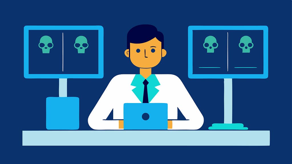 The Hidden PHI Exposure Risks in Healthcare Offices 8 Flat illustration of a professional at a computer with ransomware warning symbols on monitors, representing PHI exposure risks from data exfiltration, hacking, and healthcare ransomware attacks.