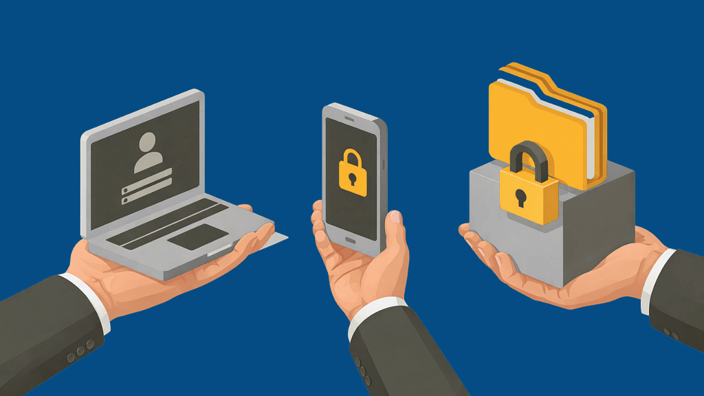 Secure client access illustration showing hands holding a laptop with user login, a smartphone with a security lock, and encrypted folders, representing Zero Trust identity protection and access control.