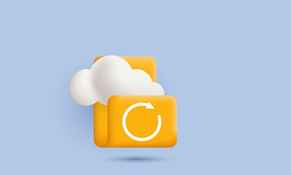 3-2-1 Backup Rule Explained for Businesses with Managed IT 5 Illustration of the 3-2-1 Backup Rule showing a cloud connected to a backup folder with a refresh symbol, representing offsite cloud storage for secure and redundant data recovery.