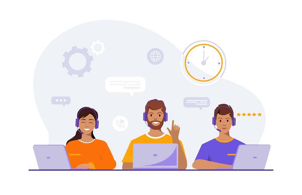 Illustration of an IT support team assisting customers, representing Omaha Managed IT Services and responsive technical support.