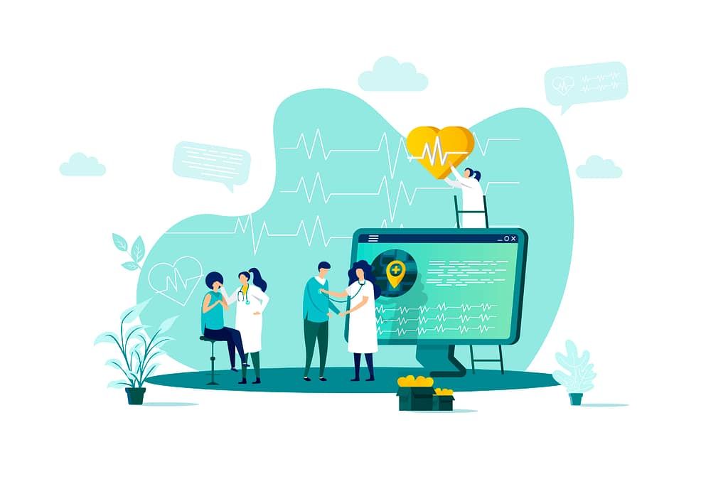 Hidden IT Risks in Clinics with Shared Devices 4 Clinic staff using shared systems and patient records across a digital healthcare workspace, illustrating how shared devices can contribute to IT risks in clinics when access and accountability are not clearly managed.