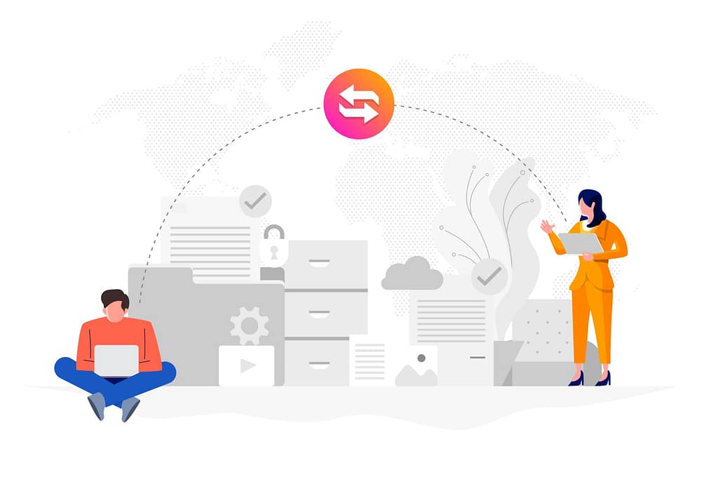 Cloud Services 2 Illustration of professionals accessing and transferring files between systems, representing cloud services that support cloud migration, secure data access, and distributed business operations.