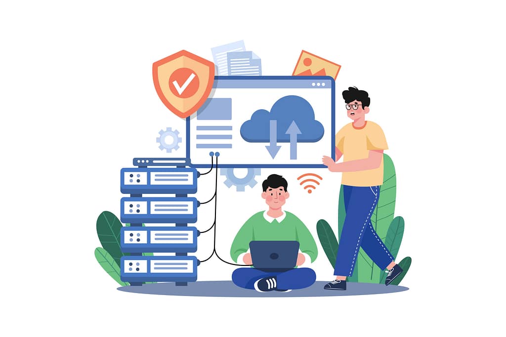 Cloud Services 4 Illustration of professionals managing servers and cloud storage, representing cloud backup solutions that protect business data, ensure recovery, and support operational continuity.