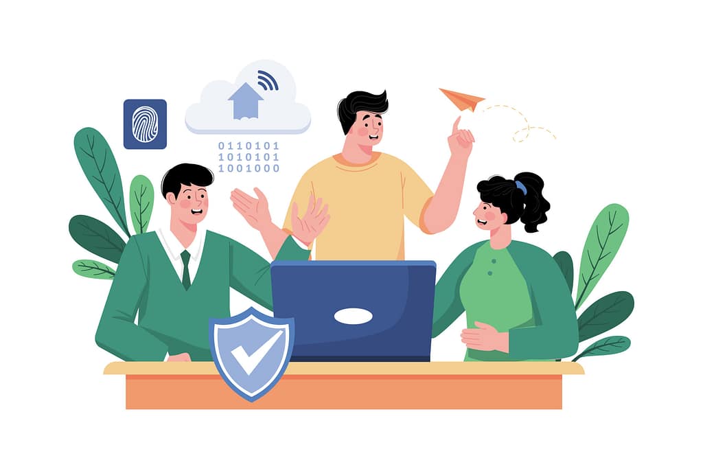 Internet Safety for Businesses: Staying Secure Online 4 Illustration of a team working securely at a laptop with protection icons, representing internet safety for businesses and how small gaps can create access risks over time.
