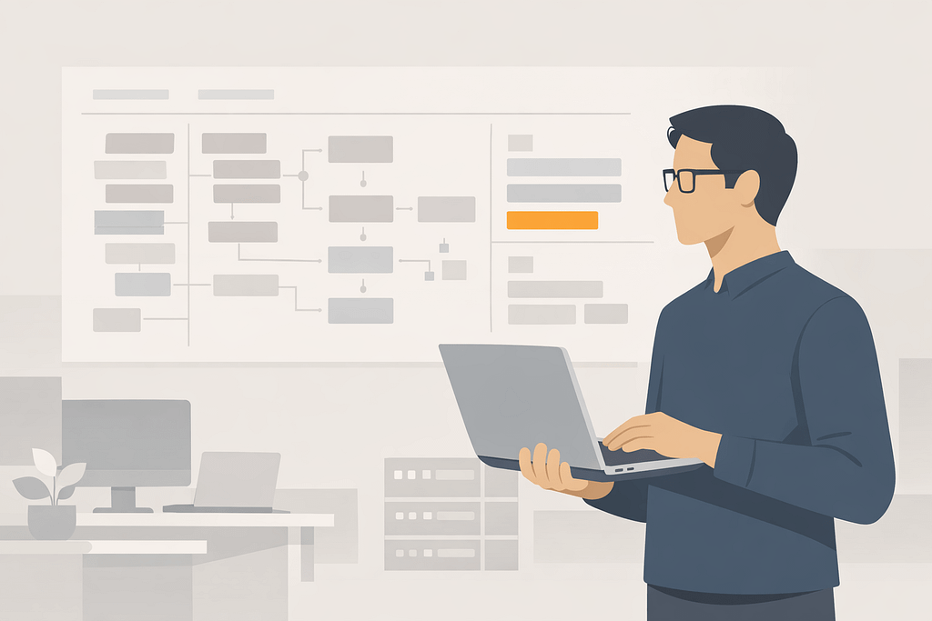 New Year IT Reset for Businesses: Setting the Year Up Right 3 Flat illustration of an IT professional reviewing systems on a planning board, representing an IT reset for businesses through structured evaluation and oversight.