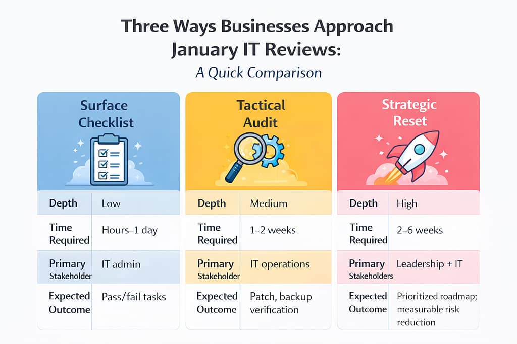 New Year IT Reset for Businesses: Setting the Year Up Right 4 Comparison graphic titled “Three Ways Businesses Approach January IT Reviews” showing Surface Checklist (low depth, quick pass/fail tasks), Tactical Audit (medium depth, patch and backup verification), and Strategic Reset (high depth, leadership-driven roadmap and measurable risk reduction), illustrating an IT Reset for businesses.