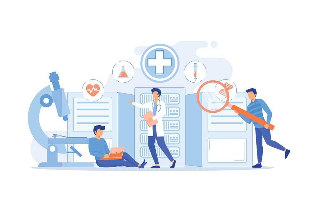 Hidden IT Risks in Clinics with Shared Devices 3 Healthcare team working across connected systems with patient data, lab tools, and digital records, illustrating how everyday workflows can introduce IT risks in clinics when systems and visibility aren’t fully aligned.