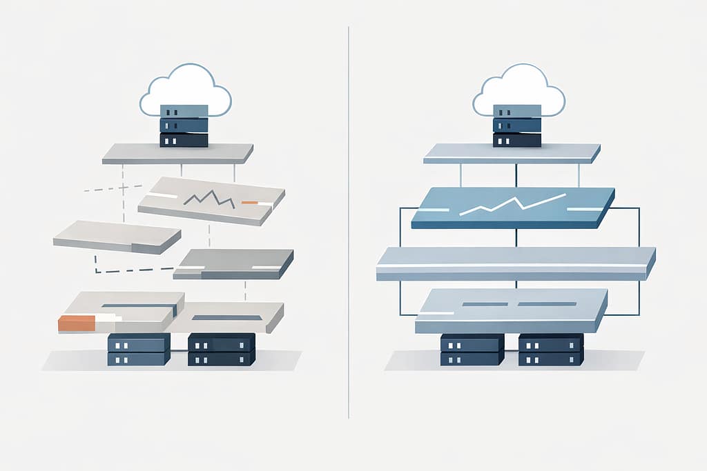 Proactive IT vs Reactive IT: The Costly Difference 14 Diagram illustrating proactive IT vs reactive IT, contrasting an organized technology stack with a fragmented, reactive setup.