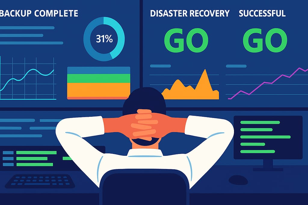 Disaster Recovery vs. Backups for Business Continuity 2 Illustration of an IT professional monitoring dashboards showing backup completion and disaster recovery status with green “GO” indicators, representing Disaster Recovery vs. Backups and their role in maintaining business continuity.