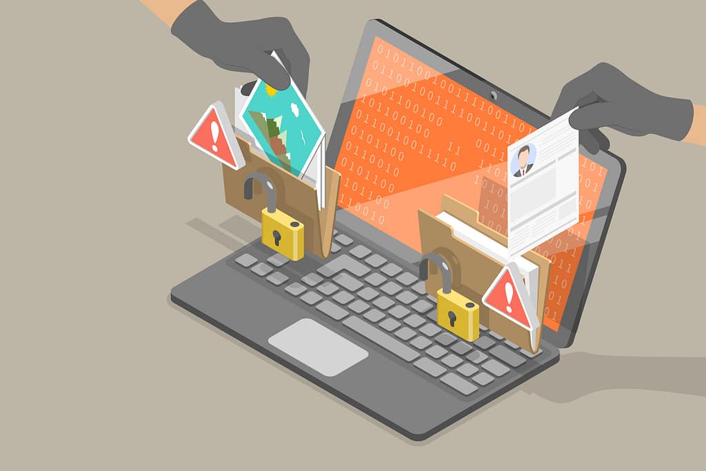 Most Common Causes of Data Loss for Businesses 8 Illustration representing the Most Common Causes of Data Loss, showing hardware failure and backup risks with corrupted files, locked folders, warning symbols, and attempted data theft from a business laptop system.