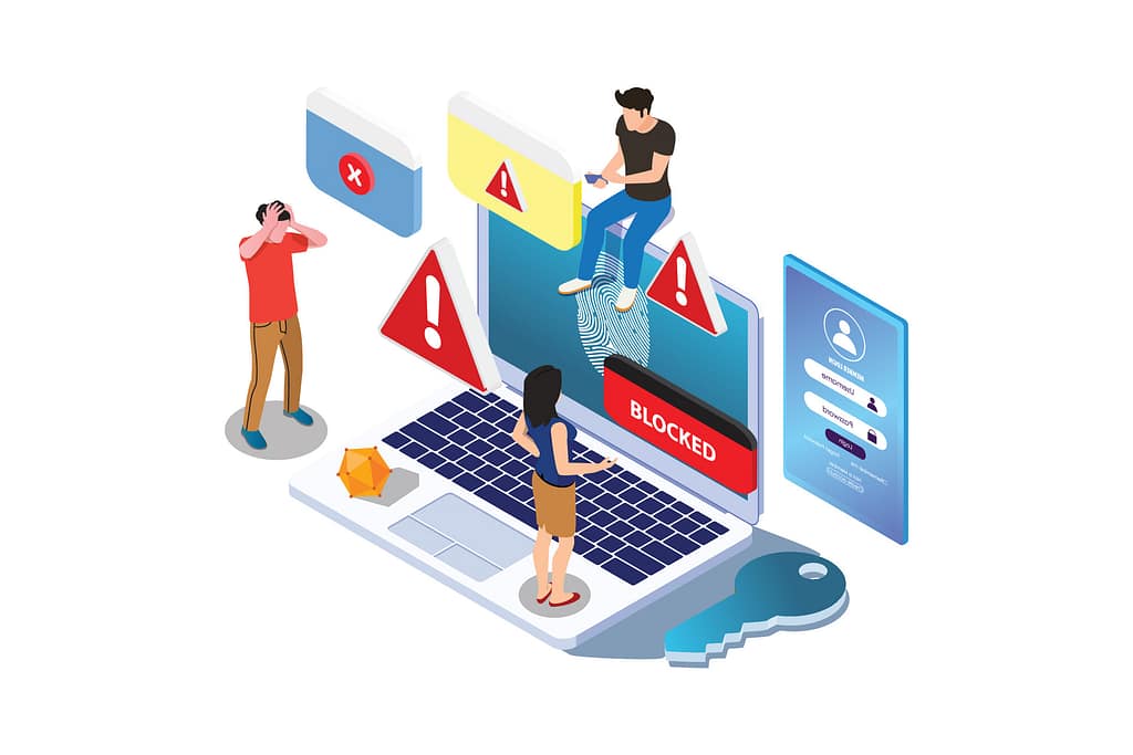 Most Common Causes of Data Loss for Businesses 3 Illustration representing the Most Common Causes of Data Loss, showing human error scenarios like accidental deletion, security warnings, blocked access screens, and user authentication issues within a business system.