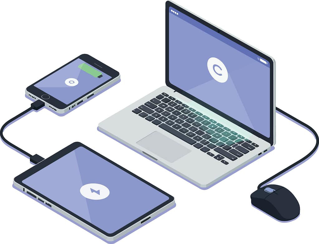 Secure Client Access in 2026: Why Access Control Is Everything 5 Illustration related to secure client access, showing a laptop connected to multiple devices including a smartphone and tablet, representing identity verification, device validation, and controlled access to cloud-based business systems across different endpoints.