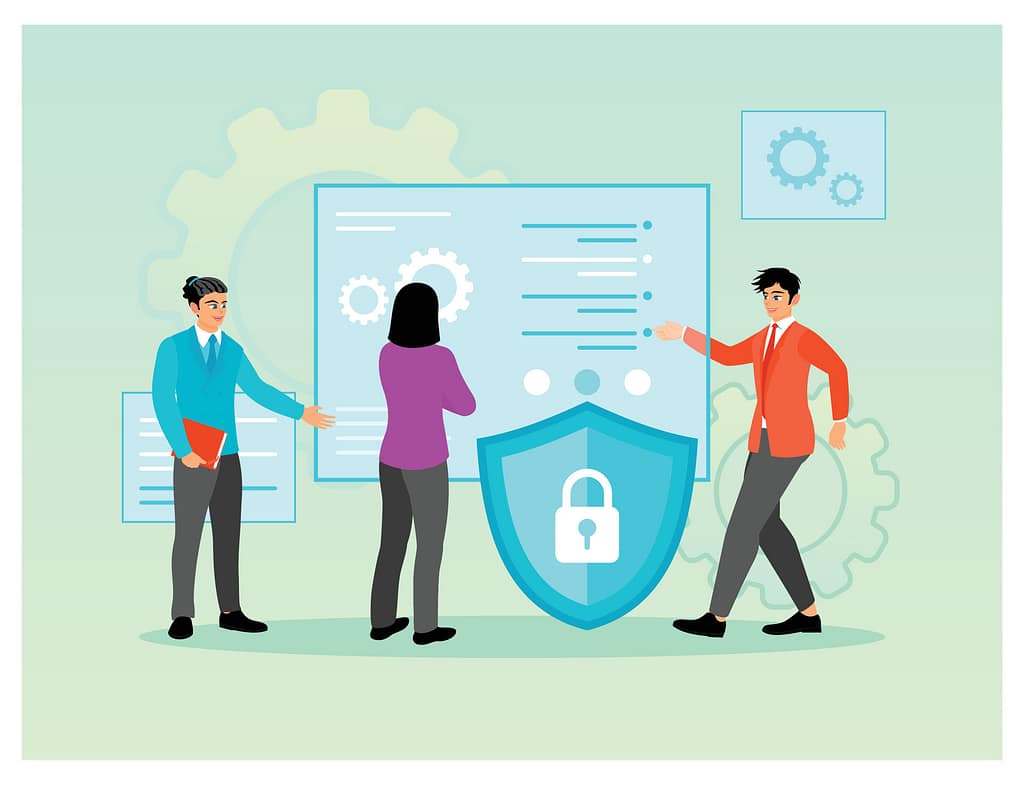 Secure Client Access in 2026: Why Access Control Is Everything 9 Illustration depicting secure client access with contextual access controls, showing professionals reviewing security policies while a shield and system dashboard represent risk-based access decisions based on device compliance, location, login behavior, and network conditions.