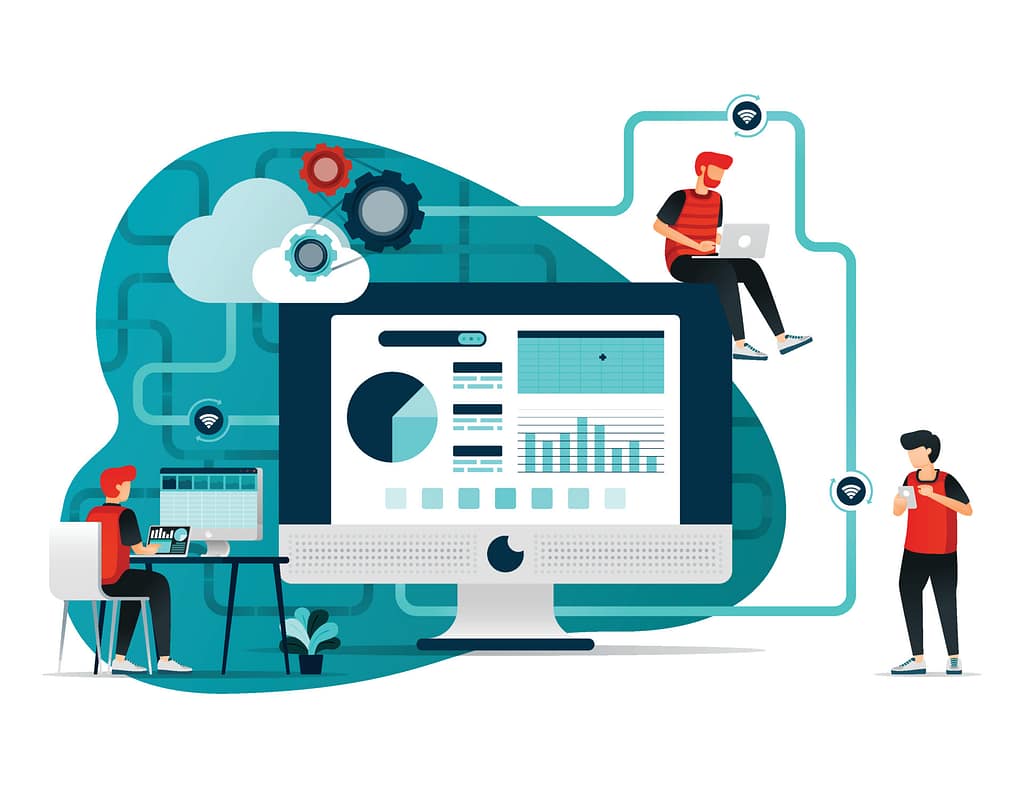 Proactive IT vs Reactive IT: The Costly Difference 3 Proactive IT vs reactive IT illustrated through a connected cloud system, with professionals monitoring dashboards and workflows in real time to prevent issues rather than responding after disruptions occur.
