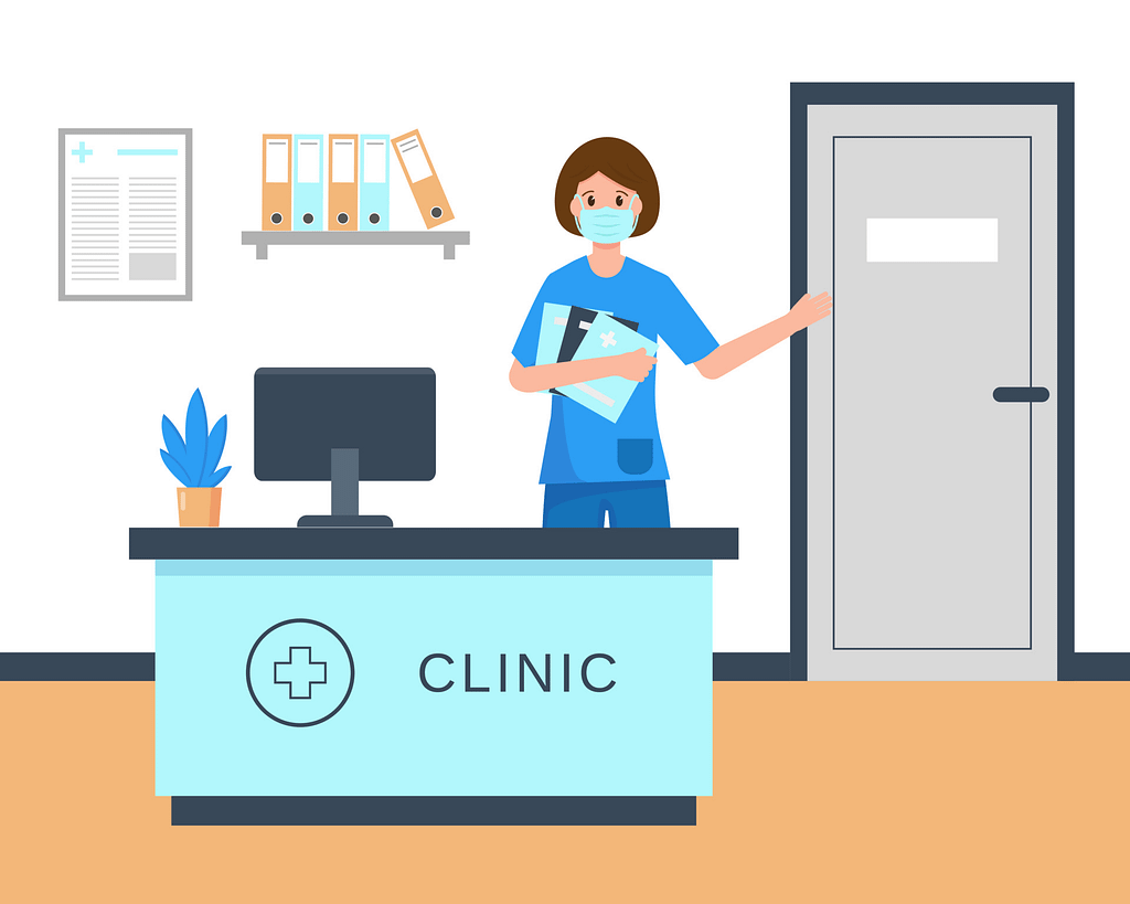 The Hidden PHI Exposure Risks in Healthcare Offices 9 Flat illustration of a small healthcare clinic front desk with a staff member holding patient files, representing PHI exposure risks in small and mid-sized practices with limited oversight and informal access controls.