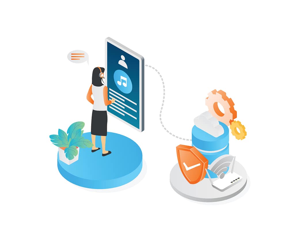 Secure Client Access in 2026: Why Access Control Is Everything 8 Illustration representing secure client access using Zero Trust Network Access (ZTNA), showing a professional securely connecting to a specific application through a verified session while security controls and system settings manage and monitor the connection.