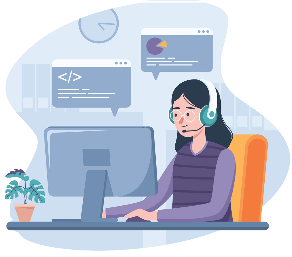 Managed IT Services for Omaha Businesses 2 Flat, muted illustration of a support professional wearing a headset and working at a desk, focused on a computer monitor with abstract system panels in the background, representing calm, structured IT support.