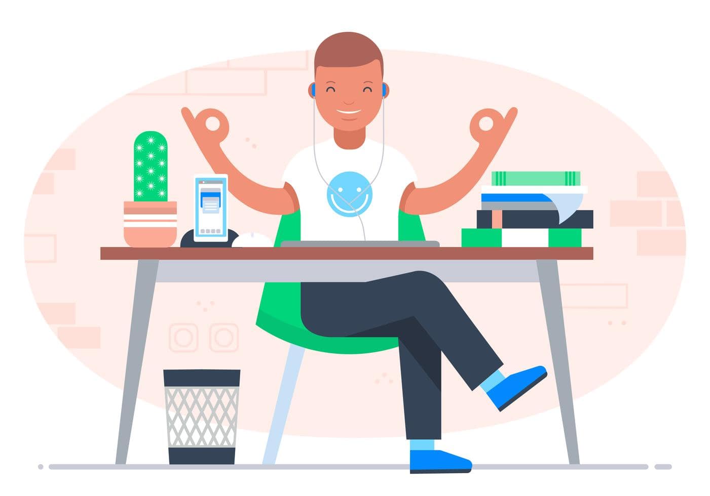 Business Continuity 1 Illustration of a calm professional working at a desk with laptop and phone, symbolizing stable workflows and business continuity through focused, uninterrupted operations.