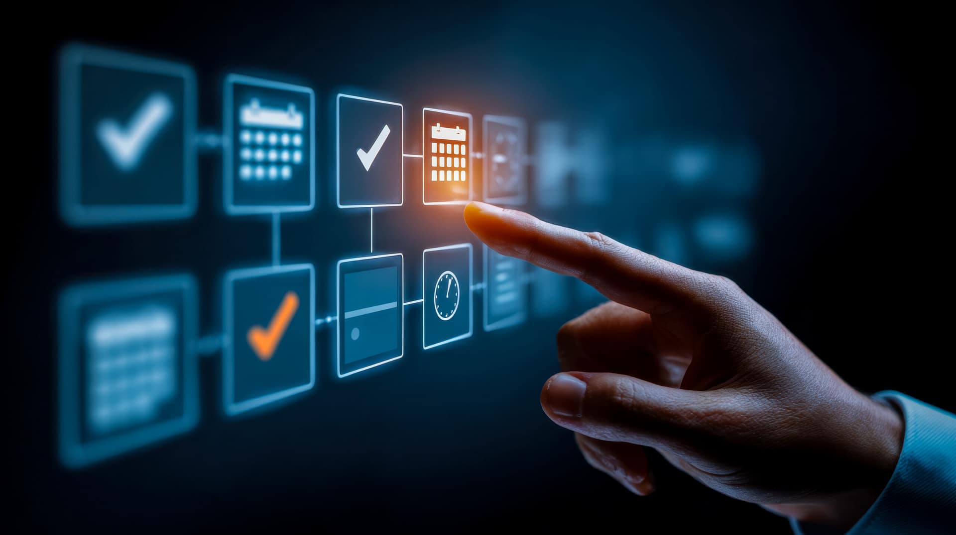 AI Solutions 4 Hand interacting with a digital interface labeled “Self-Hosted AI Agents,” representing AI solutions that provide secure, controlled access to internal knowledge and workflows.